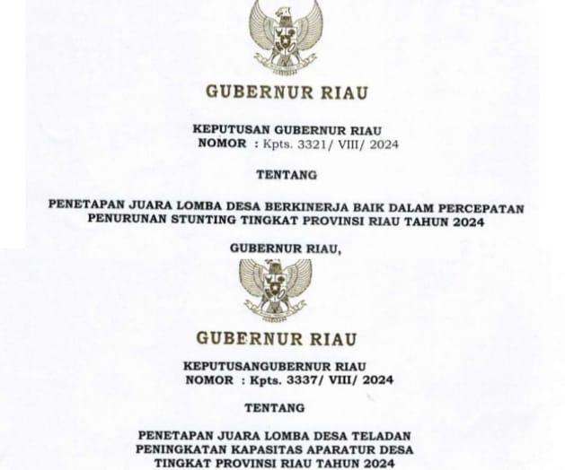 Dua Desa di Bengkalis Terima Penghargaan PKAD dan Penurunan Stunting dari Gubernur Riau